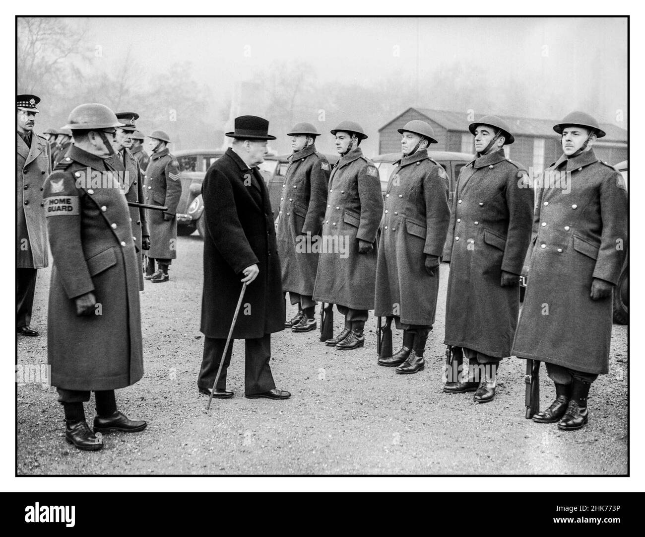 WW2 Winston Churchill inspects the 1st American Squadron of the Home Guard on Horse Guards Parade, London, 9 January 1941 World War II The Prime Minister Winston Churchill inspects the 1st American Squadron of the Home Guard on Horse Guards Parade, London, on 9 January 1941. WW2/Propaganda Stock Photo