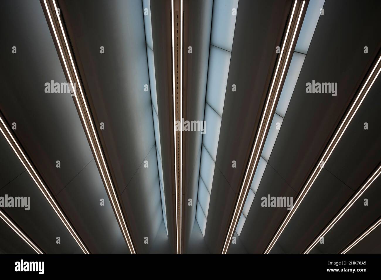 Fluorescent tubes in the Kueppersmuehle Museum, abbreviated MKM, Inner Harbour, Duisburg, North Rhine-Westphalia, Germany Stock Photo