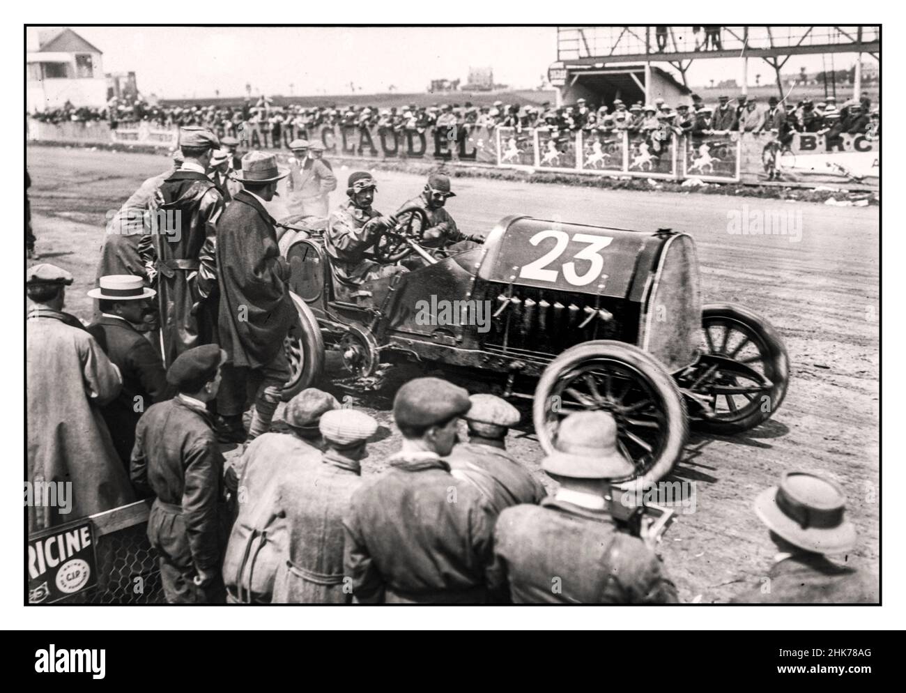 1900s French Grand Prix Louis Wagner in his Fiat S-74 refuelling at the 1912 French Grand Prix at Dieppe France Stock Photo