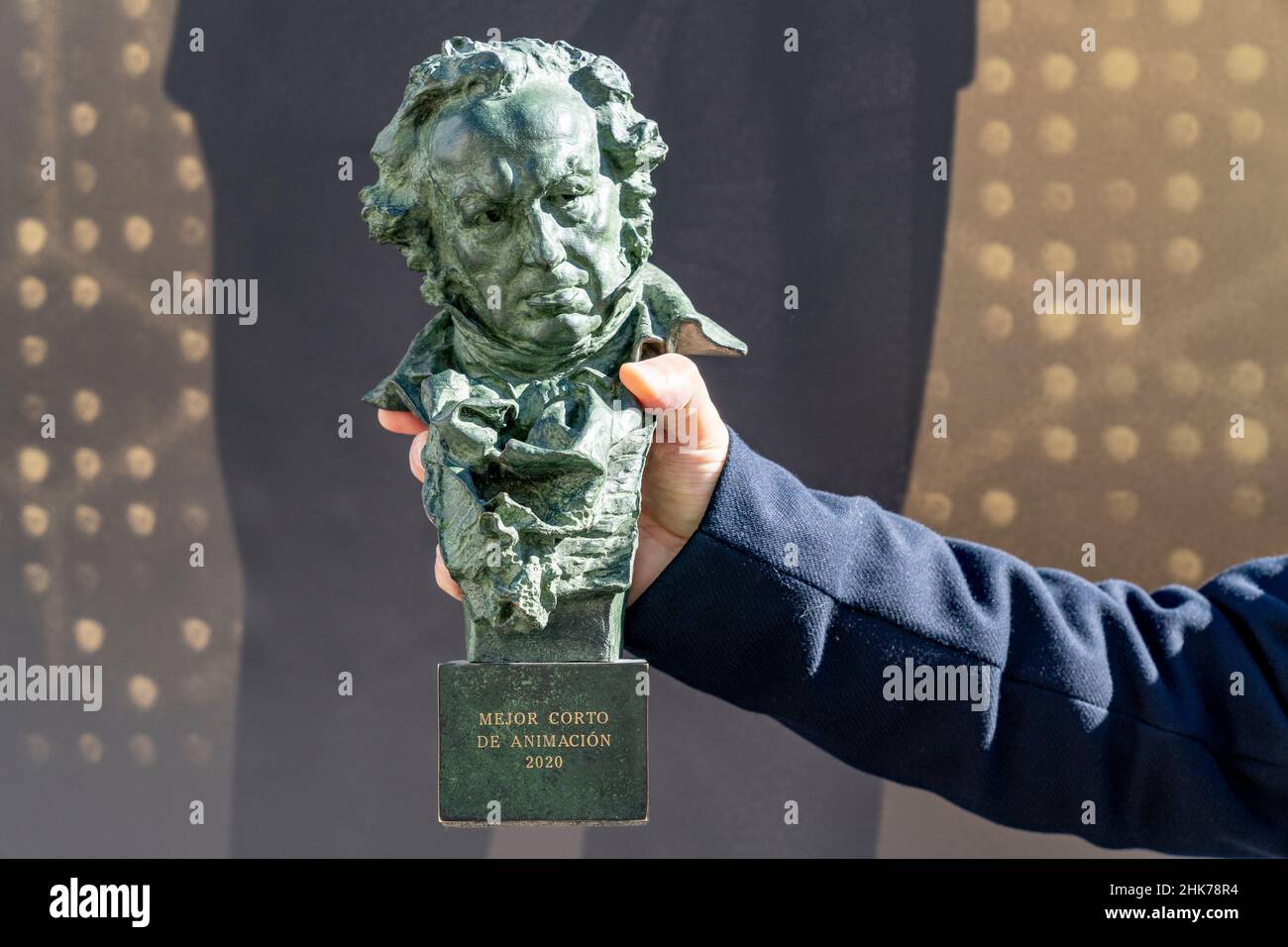A statuette of the Goya awards seen during the opening of the photographic  exhibition 'De Valencia a los Goya' on the occasion of the celebration of  the XXXVI Goya Awards Gala, in