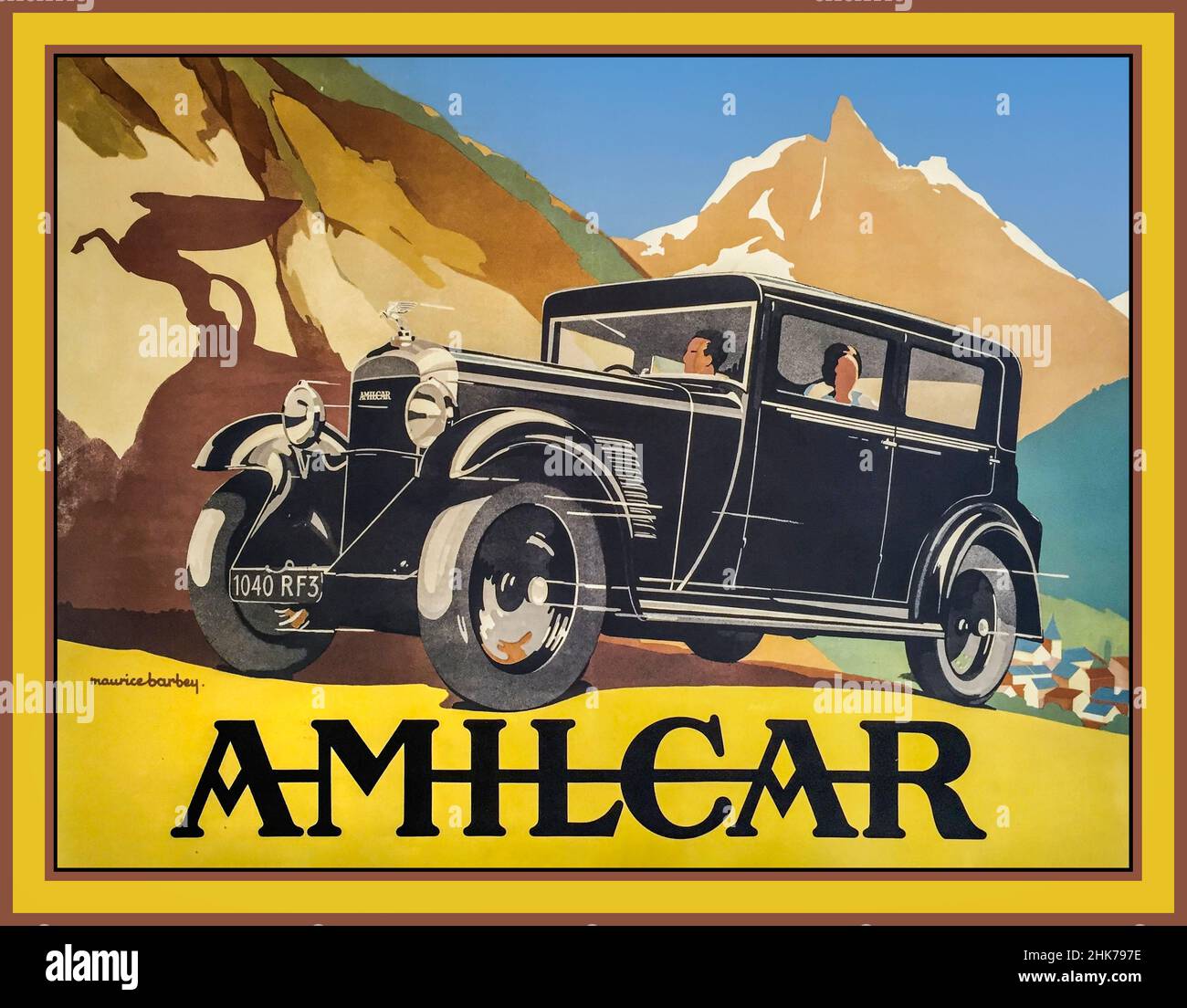Vintage French motorcar 1900s AMILCAR 1932 Poster by Maurice Barbey ,Amilcar Berline M3 Sedan The Amilcar was a French automobile manufactured from 1921 to 1940. Stock Photo