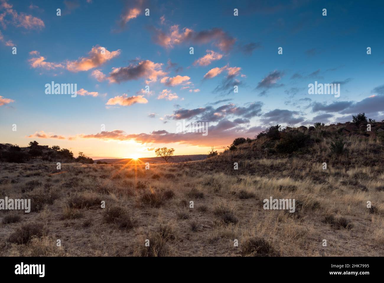 Sunset over Tiger Canyon Farm, Philippolis, South Africa Stock Photo