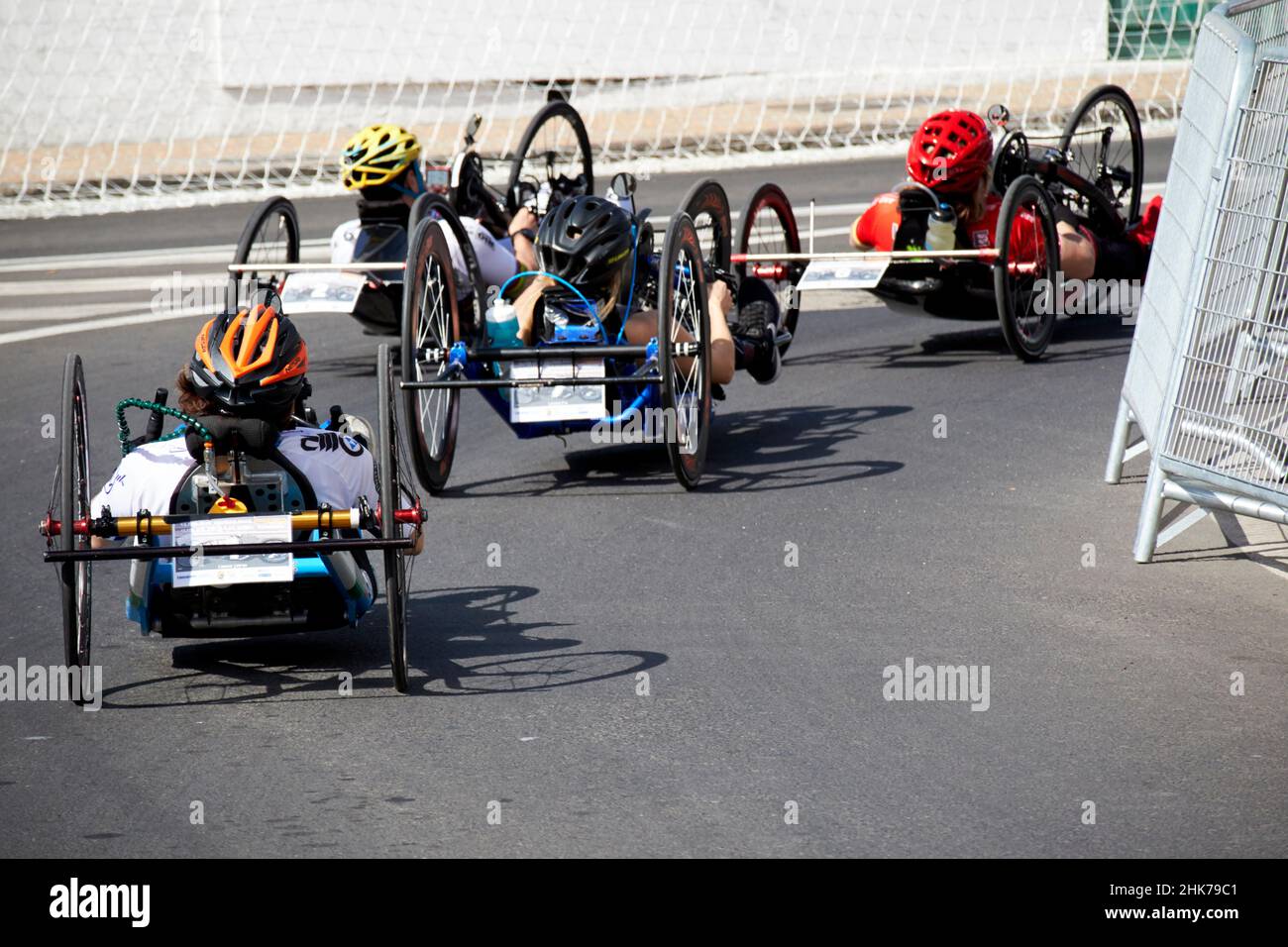 competitors racing in the ehc paracycling handcycling road race handbike playa blanca Lanzarote Canary Islands Spain Stock Photo