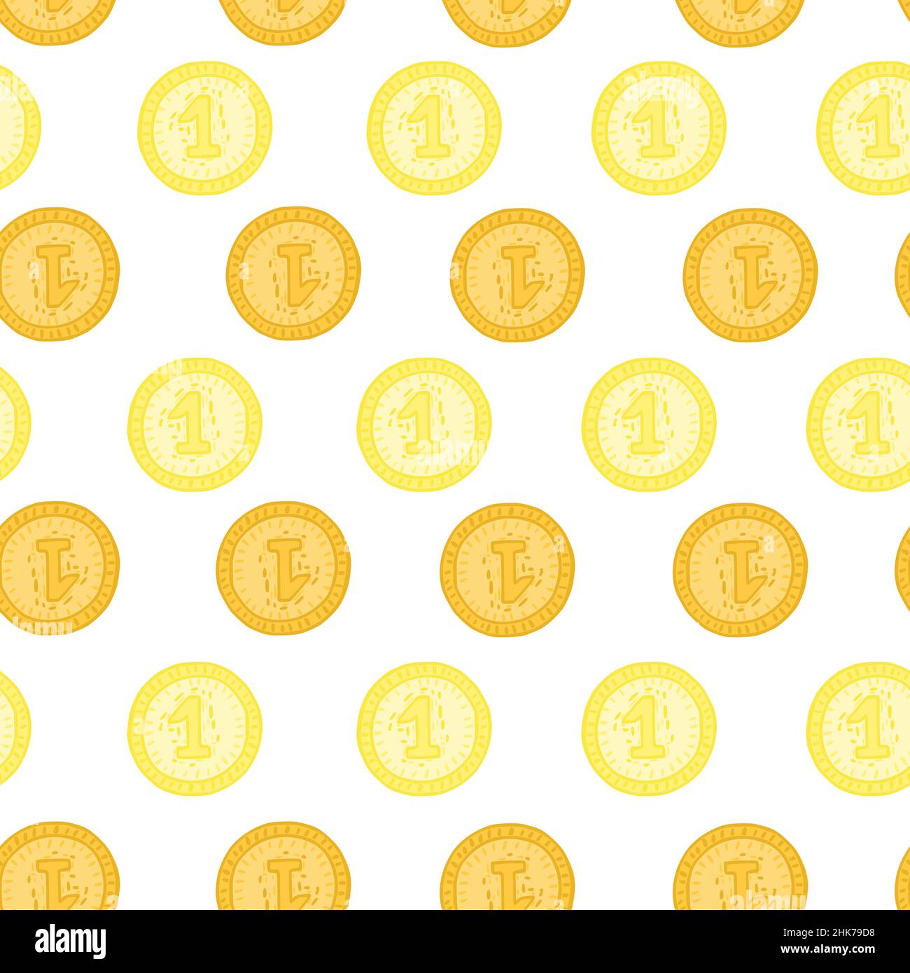 Coins seamless pattern. Hand drawn background from money. Repeated texture in doodle style for fabric, wrapping paper, wallpaper, tissue. Vector illus Stock Vector