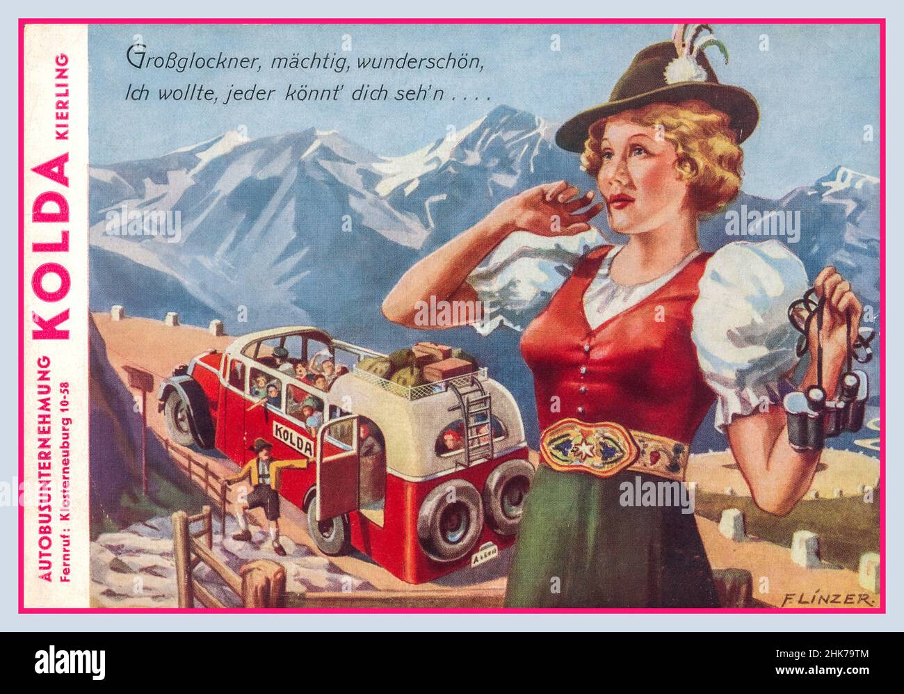 1920s Austrian 'Kolda' travel bus advertising card for the Austrian Tyrol Alps with typical traditional national folk costume Austrian lady in foreground Kolda Klosterneuburg Austria Austrian Tyrol großglockner machtag wunderschön ich wollte jeder konnf dich  se’hn. “Großglockner makes a wonderful day, I wanted everyone to be able to see you” Stock Photo