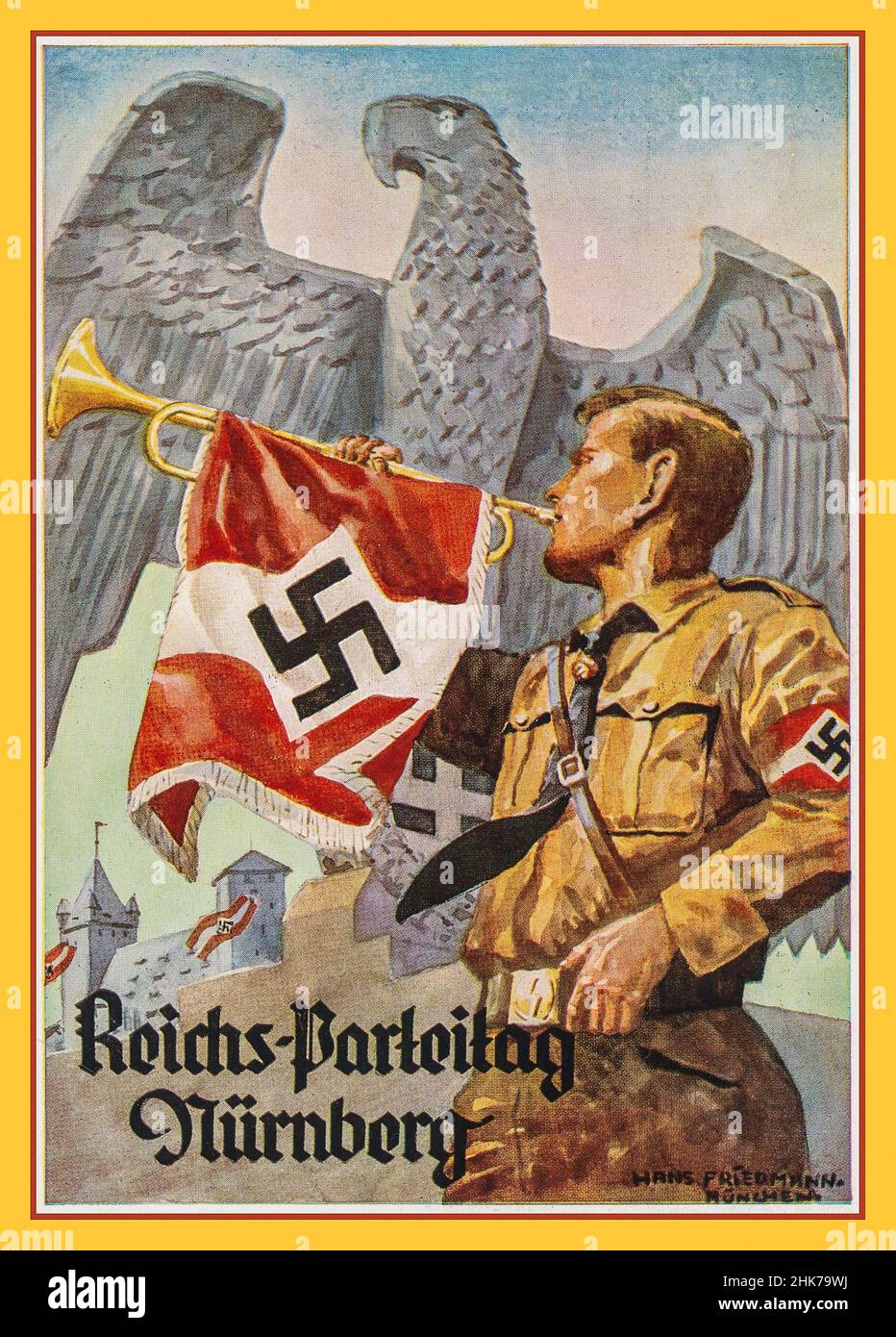 1930s Nazi Propaganda Card with Sturmabteilung Bugler wearing Swastika armband and displaying Swastika Flag at a Reichs-Parteitag Nurnberg Rally event, with German Eagle and Nurnberg castle behind Nazi Germany Propaganda Stock Photo