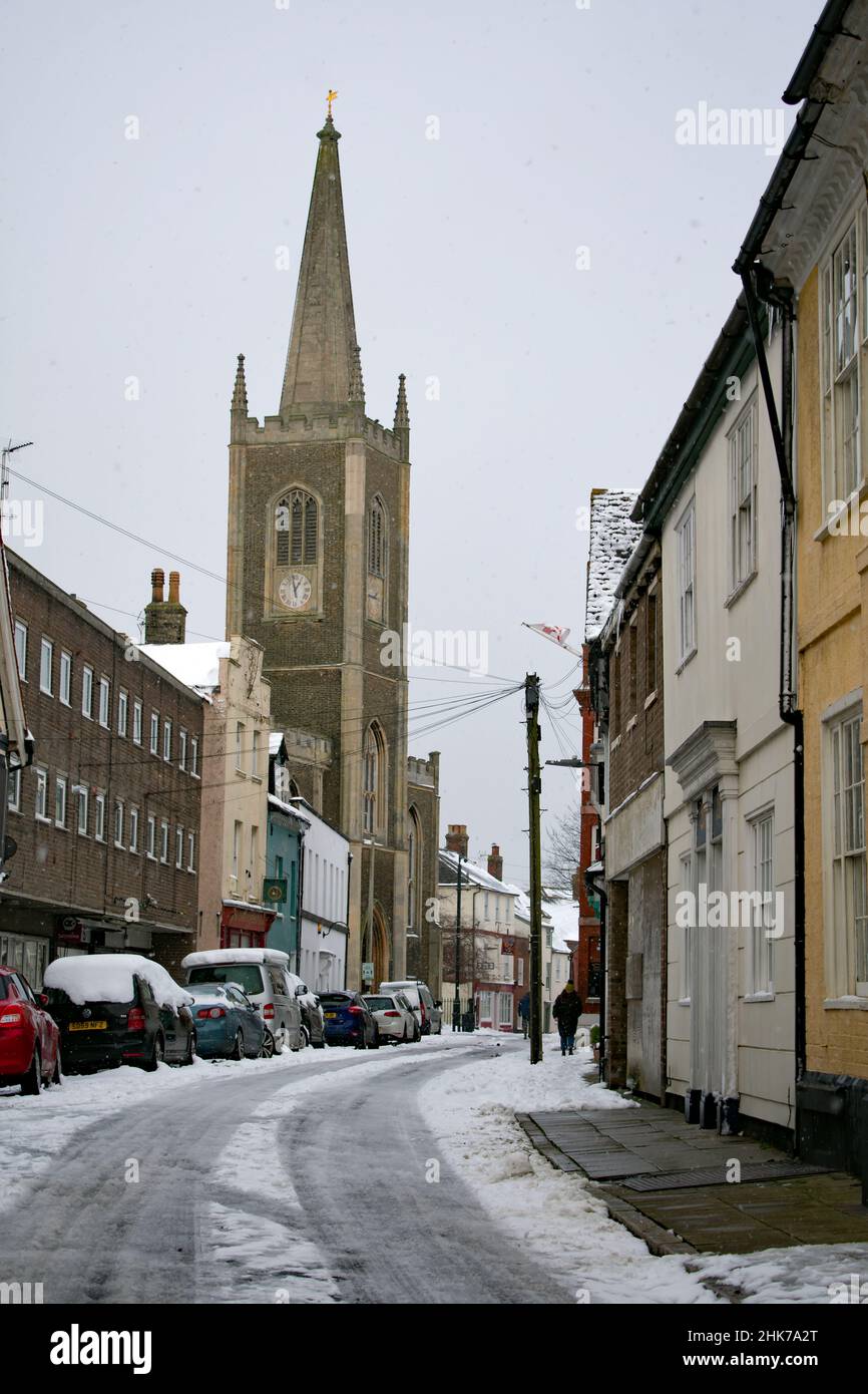 St Nicholas Church as seen from a snow covered Church Street in the Historic Town of Harwich.Harwich & Dovercourt, North Essex, UK. Historic Houses. Stock Photo