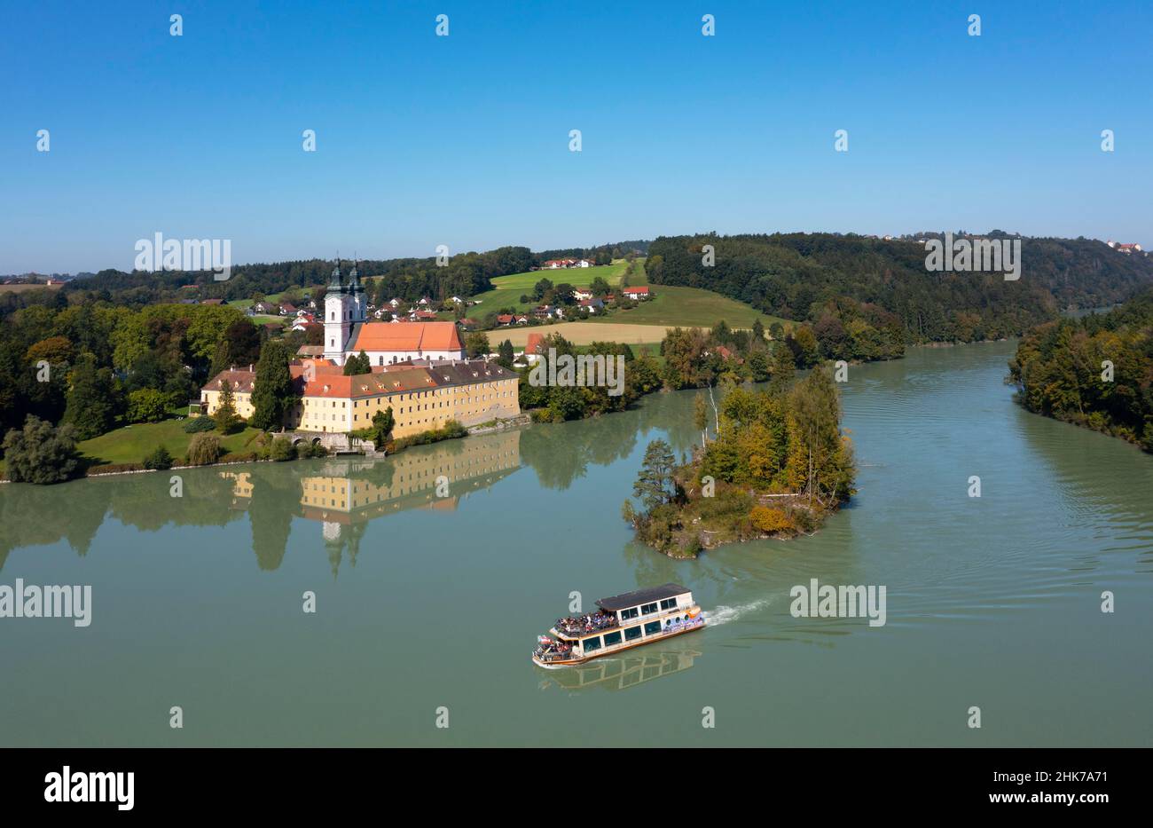 Drone shot, Vornbach Monastery with excursion boat on the Inn River, Neuhaus am Inn, Baederdreieck, Lower Bavaria, Bavaria, Germany Stock Photo