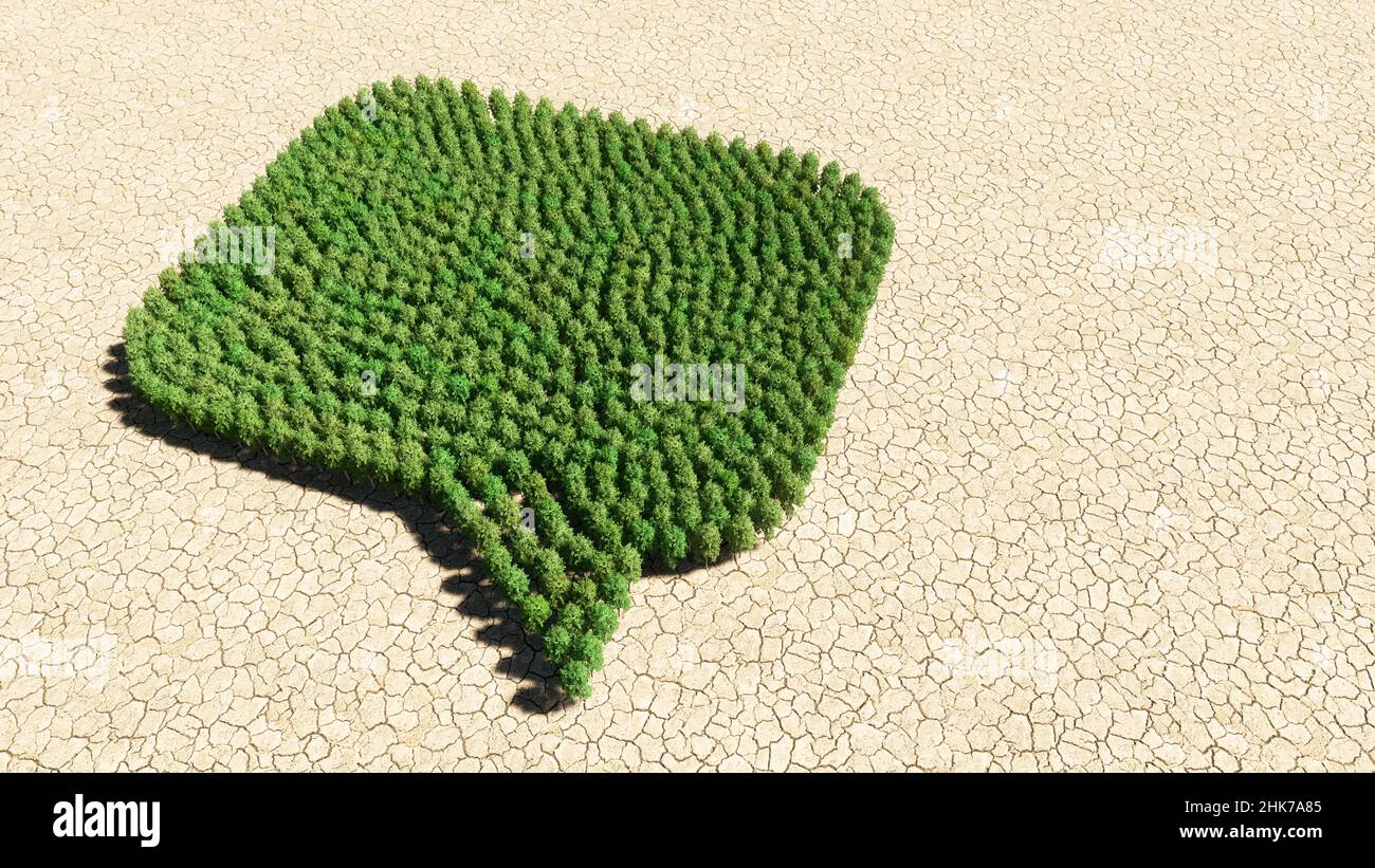 Concept or conceptual group of green forest tree on dry ground ...