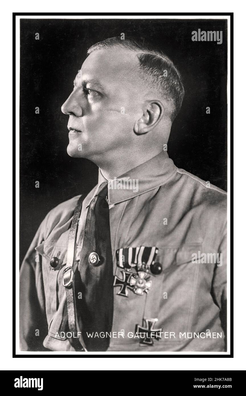 Gauleiter Adolf Wagner. Wagner was a highly decorated Nazi German political leader during WW2. Wagner fought in combat during WW1 as Commanding Leutnant of an infantry regiment. Later he would participate in the November, 1923, Beer Hall Putsch in Munich, and thereafter was the Master of Ceremonies at the annual November 9th gathering. He would be appointed Gauleiter of Munich/Upper Bavaria, Minister of Justice, and Minister of Education and Culture. He died of a stroke April 12, 1944, and the Fuhrer Adolf Hitler attended the funeral. Stock Photo