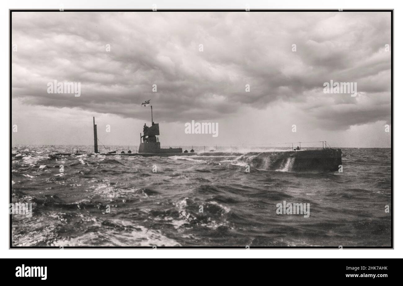 WW1 German Kriegsmarine U-Boat on the surface in a storm Untersee boat  U-boats were naval submarines operated by Germany, particularly in the First and Second World War. Efficient fleet weapons against enemy naval warships, they were most effectively used in an economic warfare role enforcing a naval blockade against enemy shipping .World War 1 Untersee boat Stock Photo