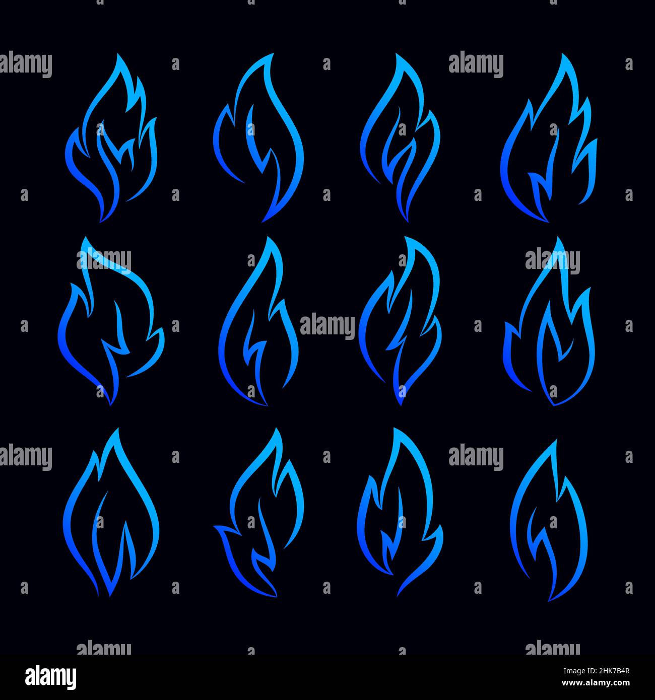 Fire flames, set blue icons, made linear style Stock Vector