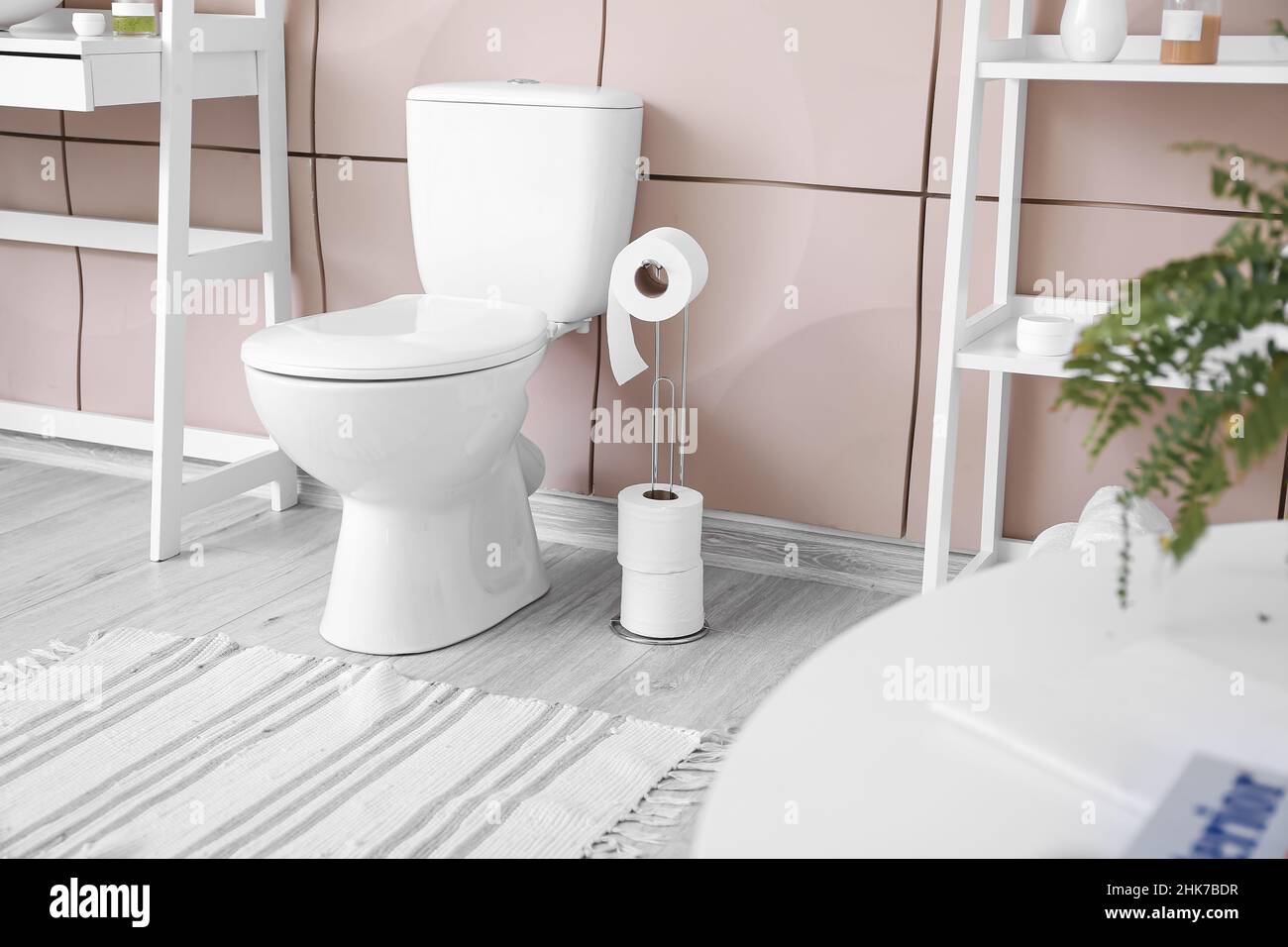 Interior of modern restroom with toilet bowl Stock Photo - Alamy