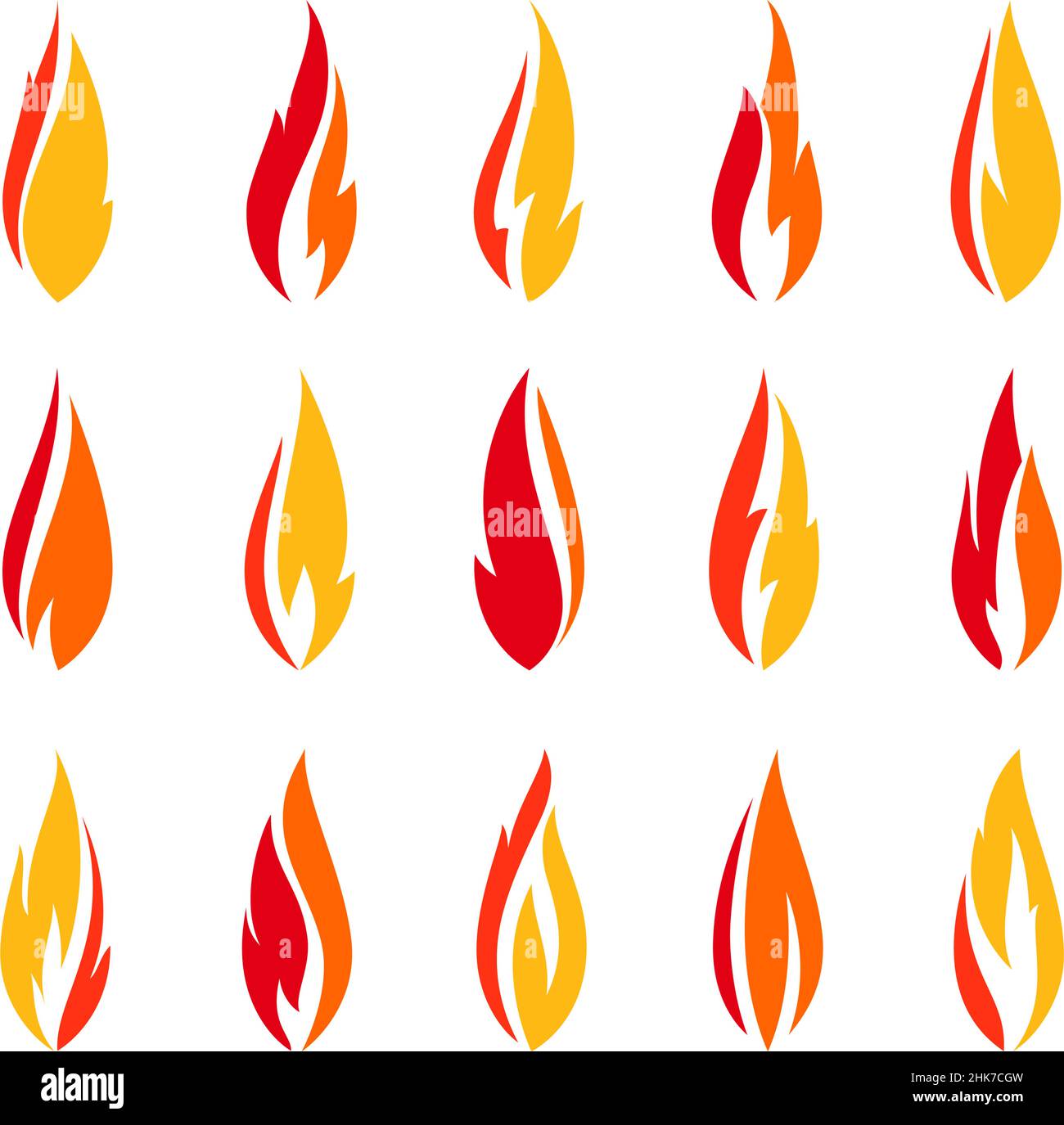 Fire flames, set red orange icons, vector illustration Stock Vector