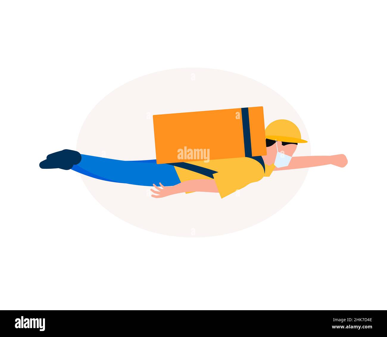 Food delivery man, flying superhero. Courier with eats bag, fly in the