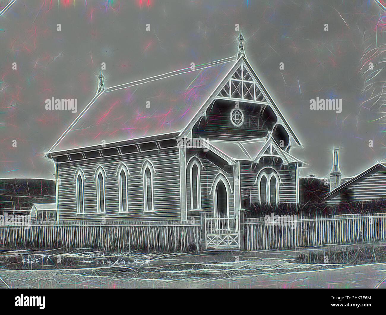 Inspired by Wesleyan Church, Pahiatua, Muir & Moodie studio, 1909, Pahiatua, Reimagined by Artotop. Classic art reinvented with a modern twist. Design of warm cheerful glowing of brightness and light ray radiance. Photography inspired by surrealism and futurism, embracing dynamic energy of modern technology, movement, speed and revolutionize culture Stock Photo