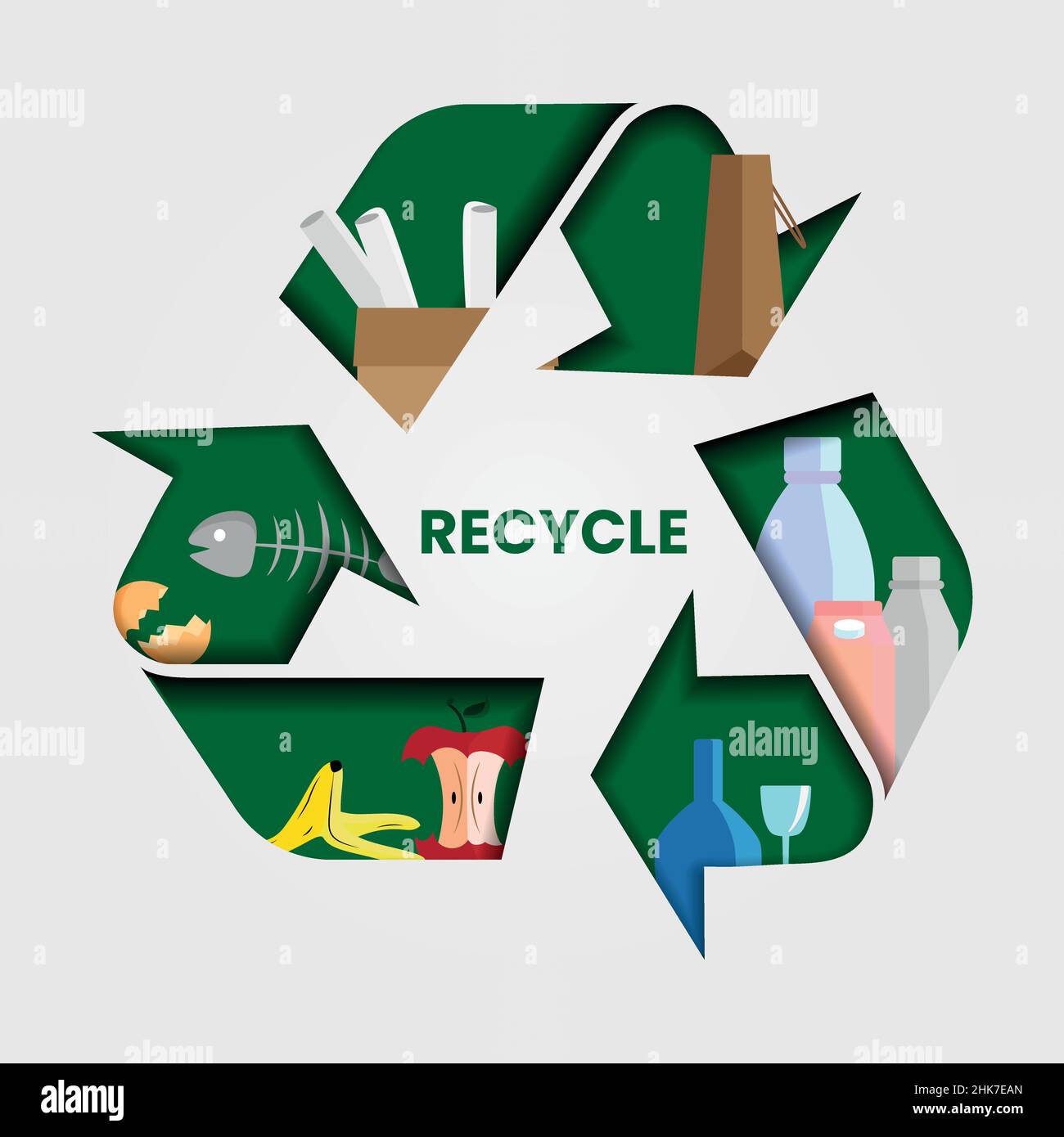 Recycling symbol with various objects that can be recycled such as food
