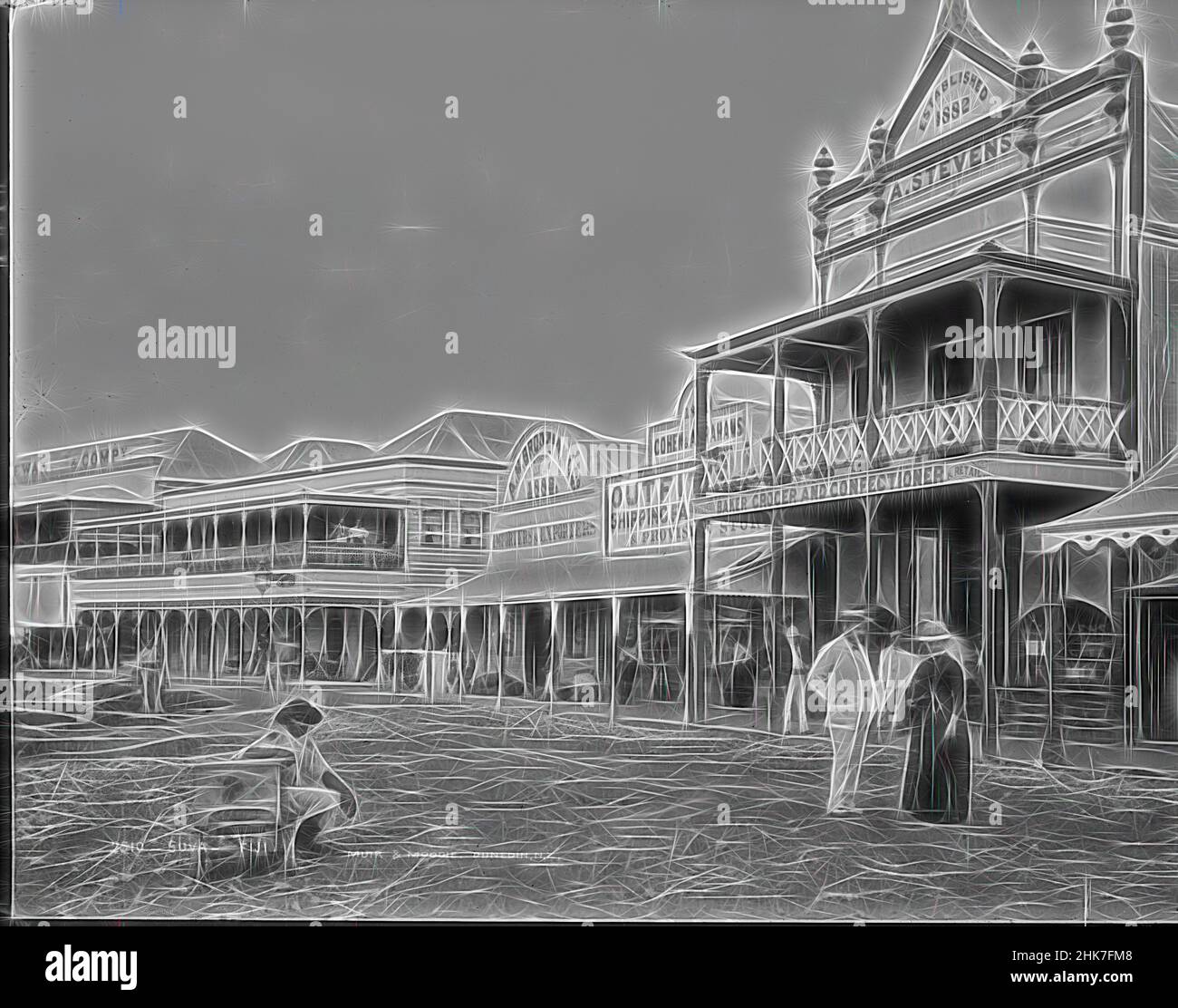Inspired by Suva, Fiji, Burton Brothers studio, photography studio, 1884, New Zealand, gelatin dry plate process, A populated Suva street lined with businesses. Two of these were established in 1882, just two years before Burton took this photograph. The shops reflect the needs of a growing market of, Reimagined by Artotop. Classic art reinvented with a modern twist. Design of warm cheerful glowing of brightness and light ray radiance. Photography inspired by surrealism and futurism, embracing dynamic energy of modern technology, movement, speed and revolutionize culture Stock Photo