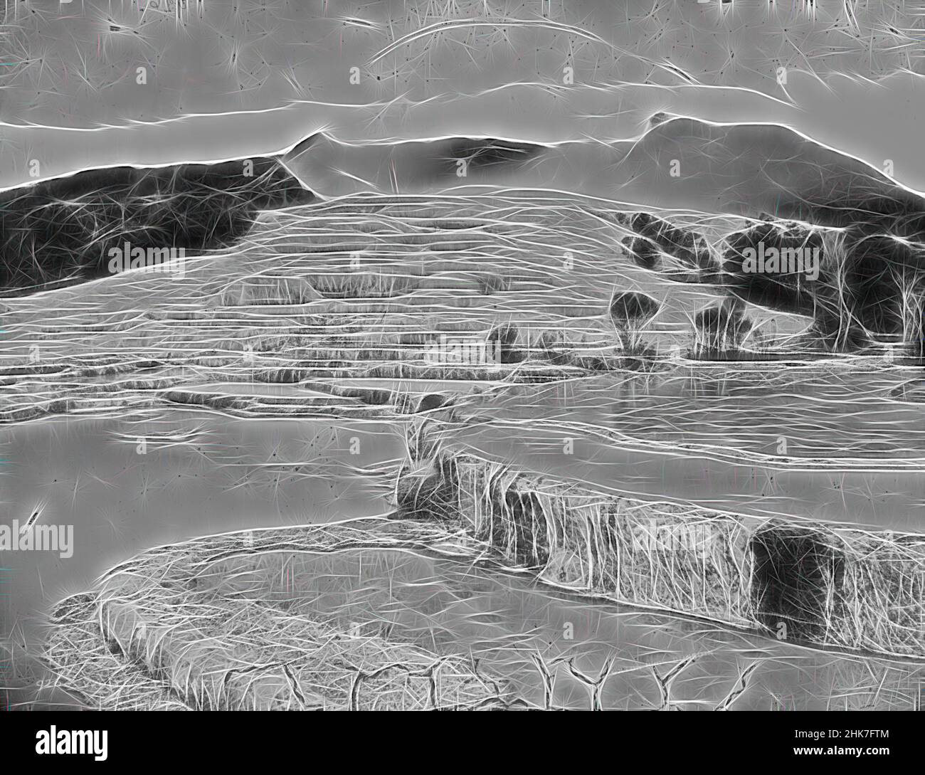 Inspired by White Terrace, Burton Brothers studio, photography studio, circa 1885, Dunedin, wet collodion process, View of the white terraces at Rotomahana. There is steam rising from the top of the terrace, Reimagined by Artotop. Classic art reinvented with a modern twist. Design of warm cheerful glowing of brightness and light ray radiance. Photography inspired by surrealism and futurism, embracing dynamic energy of modern technology, movement, speed and revolutionize culture Stock Photo