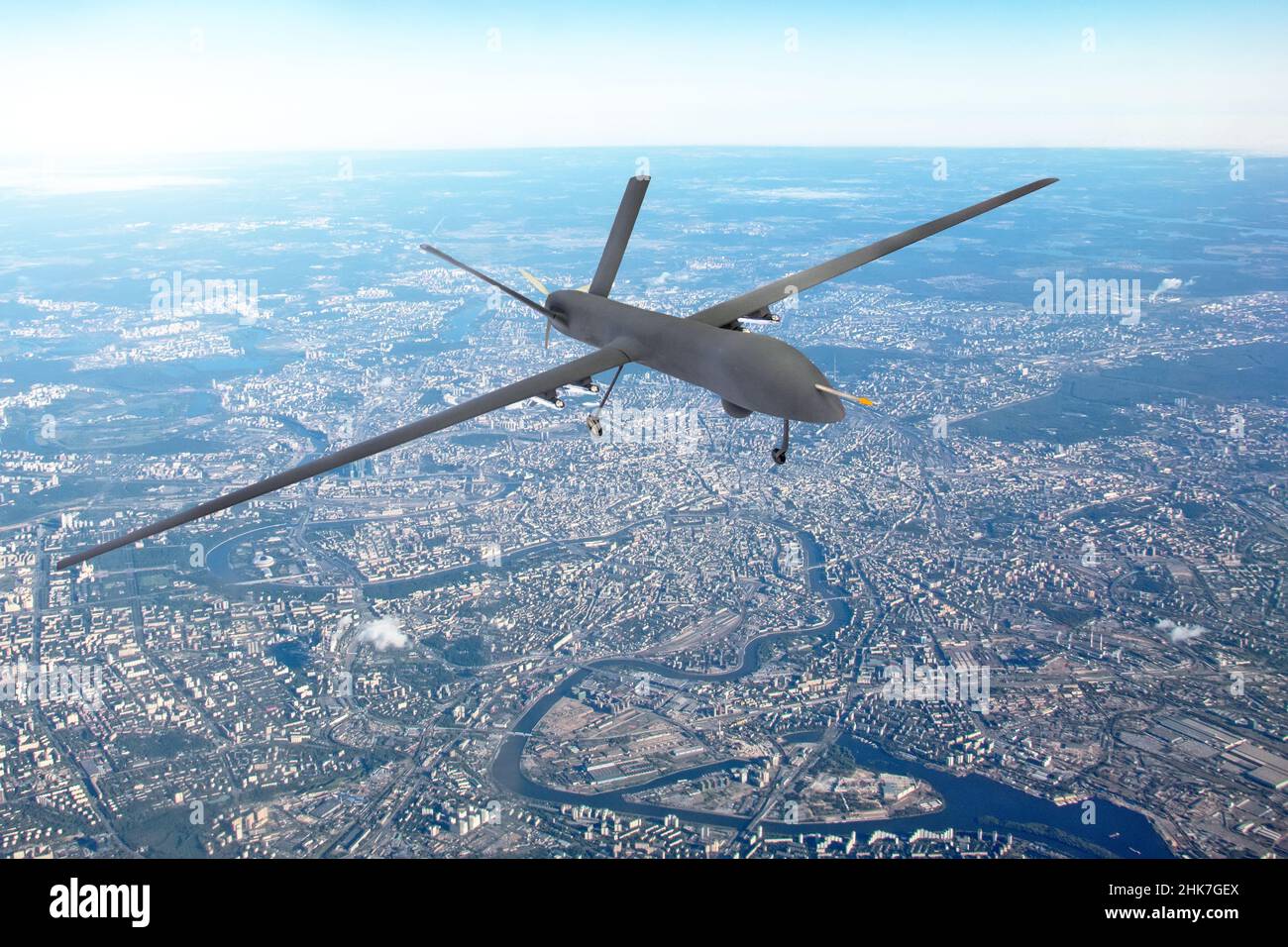 Unmanned military drone patrols the territory, flying over the disrtict ...