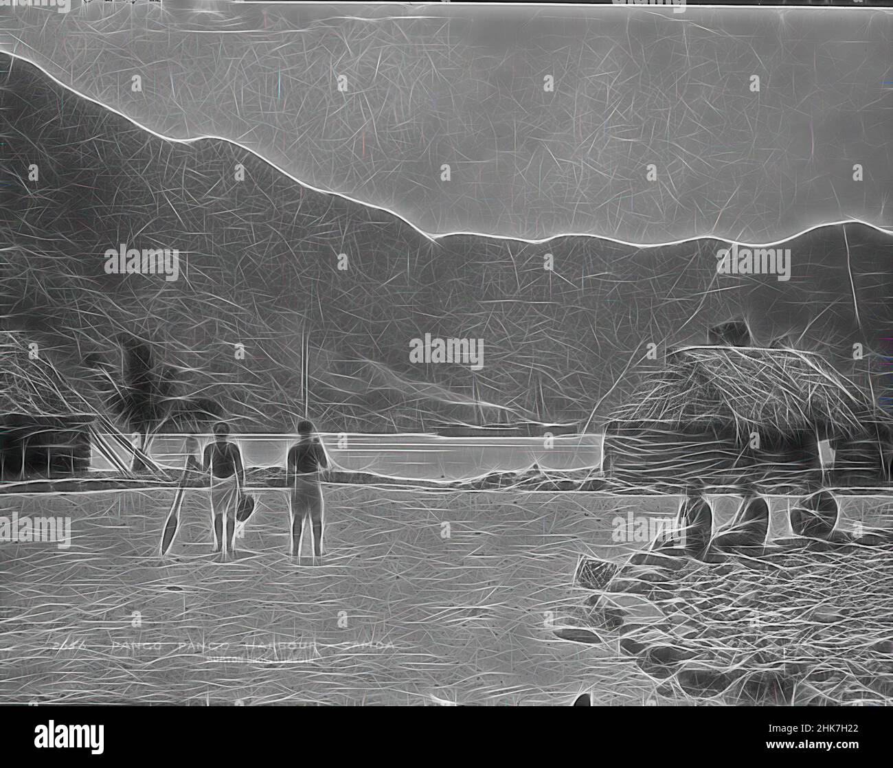 Inspired by Pango Pango (sic) Harbour, Samoa, Burton Brothers studio, photography studio, 1884, Dunedin, black-and-white photography, Foreshore looking out to sea, with high mountain behind. Two men standing (to left foreground) man on left holding oar in right hand and basket in left hand. Three men, Reimagined by Artotop. Classic art reinvented with a modern twist. Design of warm cheerful glowing of brightness and light ray radiance. Photography inspired by surrealism and futurism, embracing dynamic energy of modern technology, movement, speed and revolutionize culture Stock Photo