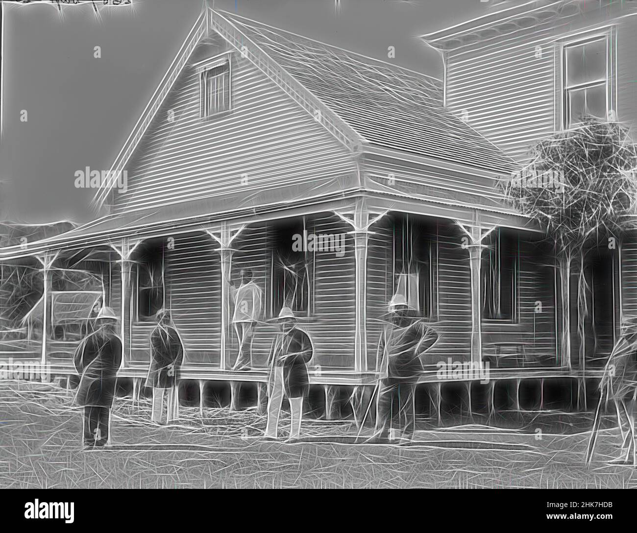 Inspired by [Tongan Notables], Burton Brothers studio, photography studio, 26 July 1884, New Zealand, black-and-white photography, Six men, in formal dress, posed outside a building in the Tongan town of Neiafu. Left to right: Reverend J B Watkin, Superintendent of Vavau circuit, Fotofili, Governor, Reimagined by Artotop. Classic art reinvented with a modern twist. Design of warm cheerful glowing of brightness and light ray radiance. Photography inspired by surrealism and futurism, embracing dynamic energy of modern technology, movement, speed and revolutionize culture Stock Photo