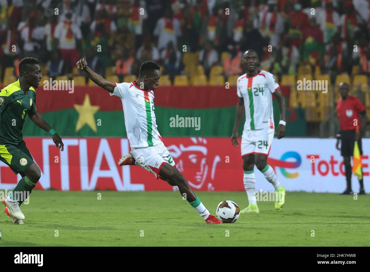 CAMEROON, Yaounde, 02 February 2022 - Adama Guira, Gustavo Sangare of Burkina Faso and Idrissa Gueye of Senegal during the Africa Cup of Nations play offs semi final match between Burkina Faso and Senegal at Stade Ahmadou Ahidjo,Yaounde, Cameroon, 02/02/2022/ Photo by SF Stock Photo