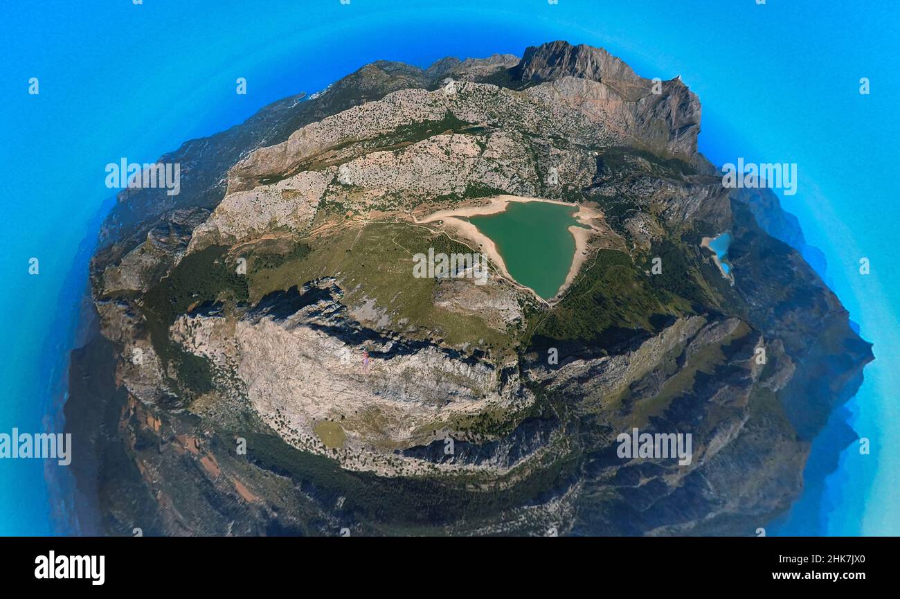 Aerial photo, fisheye lens shot at Puig Major, Puig Major, Tramuntana, Majorca, Balearic Islands, Spain, 360 degree shot, Europe, fisheye lens, aerial Stock Photo