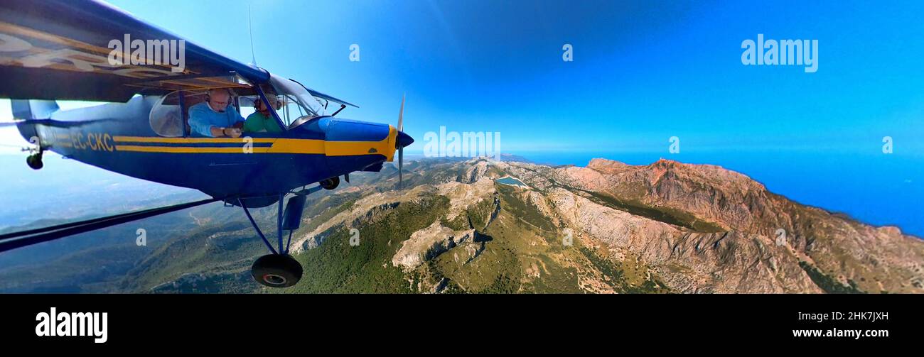 Aerial photo, fisheye lens shot with aeroplane, Piper PA18 over the Puig Major, Puig Major, Tramuntana, Majorca, Balearic Islands, Spain, 360 degree s Stock Photo