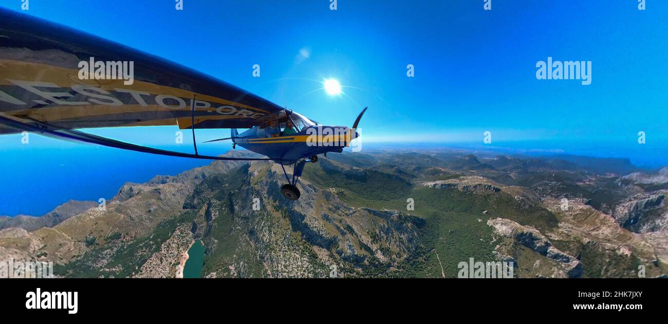 Aerial photo, fisheye lens shot with aeroplane, Piper PA18 over the Puig Major, Puig Major, Tramuntana, Majorca, Balearic Islands, Spain, 360 degree s Stock Photo