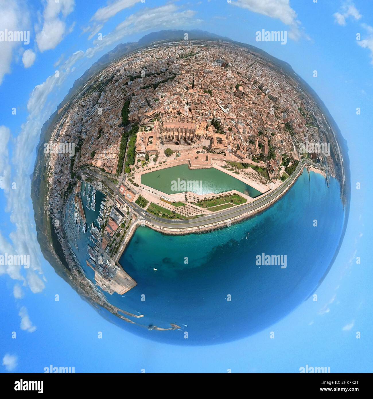 Aerial view, 360 degree fisheye lens of Palma, Cathedral of the Holy Mary in the Spanish port city of Palma, La Seu, Palma-Centre, Palma, Mallorca, Ba Stock Photo