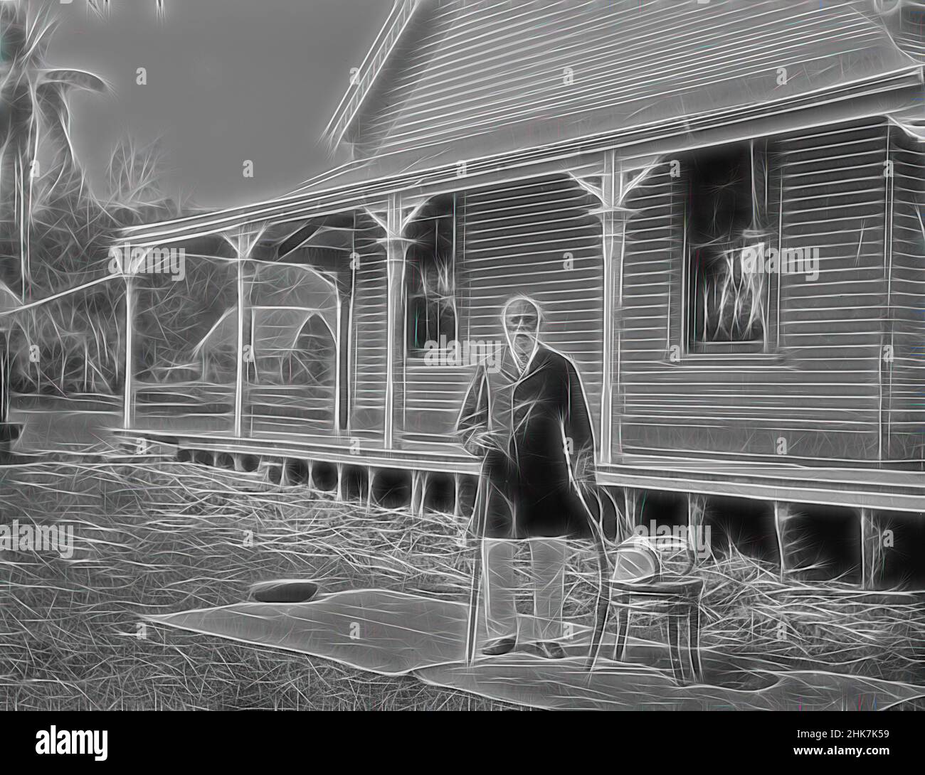 Inspired by [King George of Tonga], Burton Brothers studio, photography studio, 26 July 1884, New Zealand, black-and-white photography, Semi-formal outdoor portrait of King George of Tonga, 86 years old, in front of the palace at Neiafu, Reimagined by Artotop. Classic art reinvented with a modern twist. Design of warm cheerful glowing of brightness and light ray radiance. Photography inspired by surrealism and futurism, embracing dynamic energy of modern technology, movement, speed and revolutionize culture Stock Photo