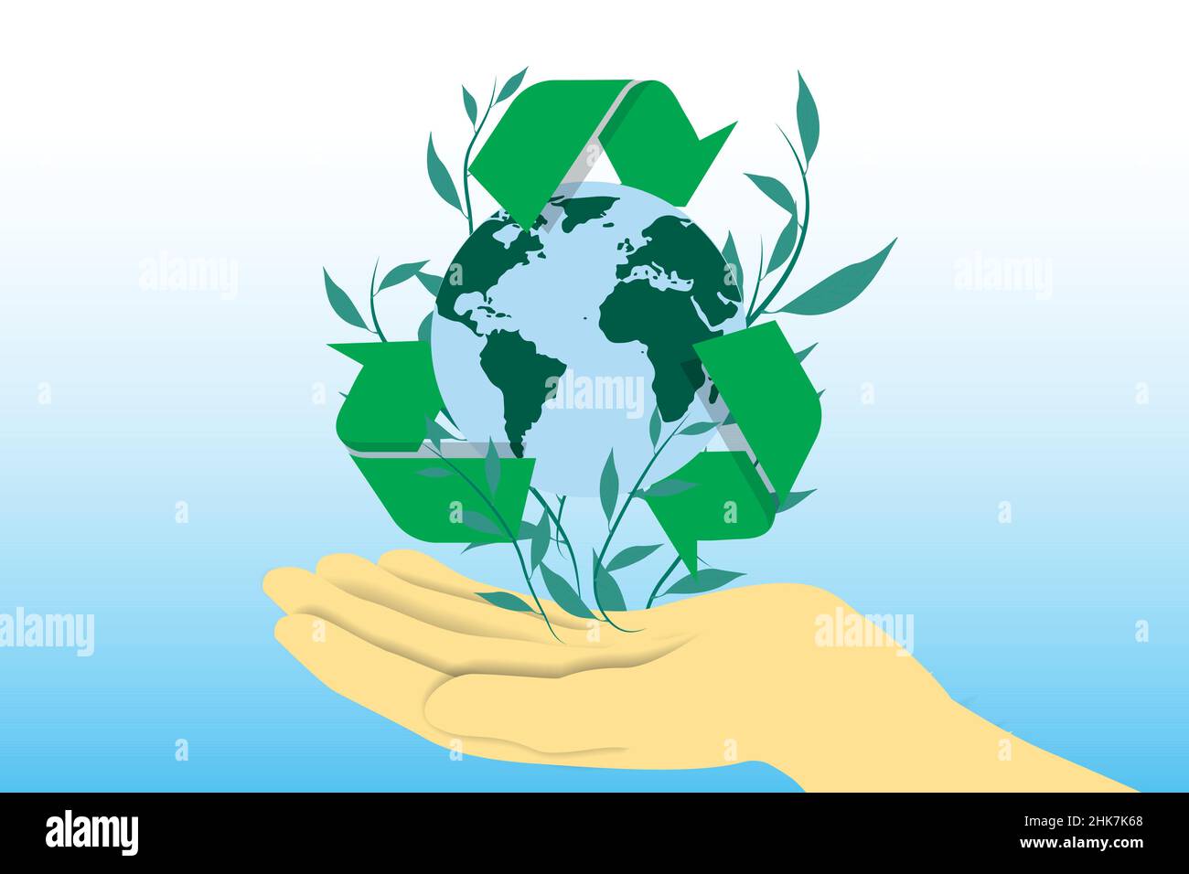 Hand holding planet earth with recycling symbol around it. Care for the environment and responsible use of natural resources Stock Vector