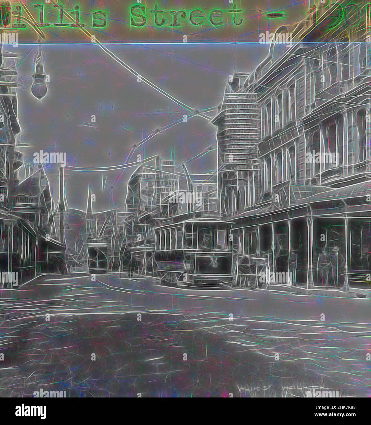 Inspired by Willis Street, Wellington, Muir & Moodie studio, photography studio, 30 April 1905, Dunedin, black-and-white photography, Reimagined by Artotop. Classic art reinvented with a modern twist. Design of warm cheerful glowing of brightness and light ray radiance. Photography inspired by surrealism and futurism, embracing dynamic energy of modern technology, movement, speed and revolutionize culture Stock Photo