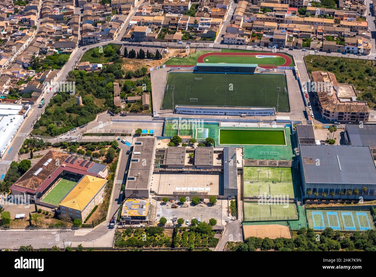 Aerial view, Camp de Futbol de Muro sports centre, CEIP Guillem Ballester i Cerdó school, Muro, Mallorca, Balearic Islands, Balearic Islands, Spain, e Stock Photo