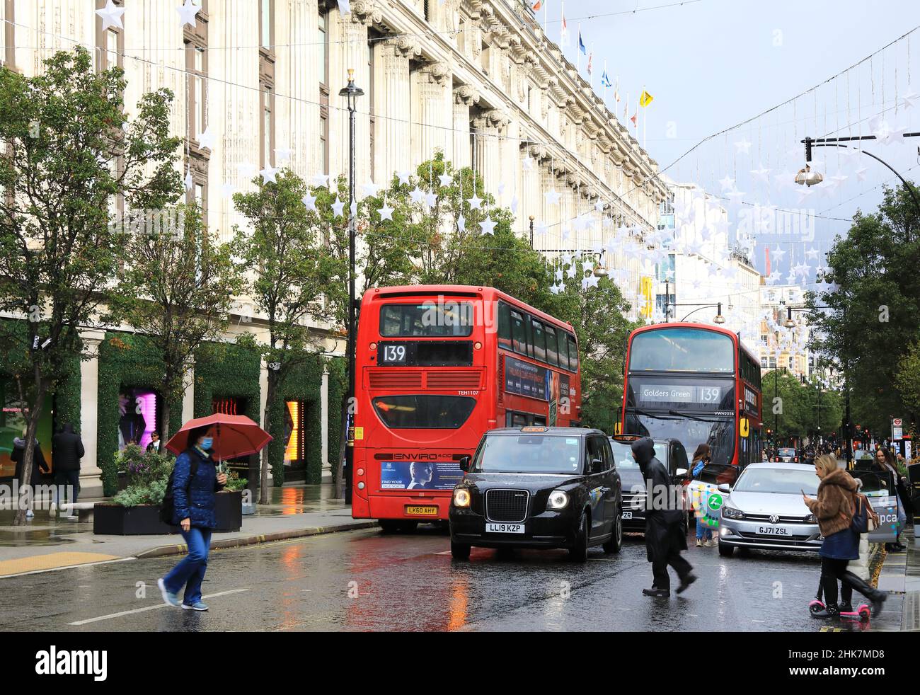 Rainy weather outside Selfridges on Oxford Street, during the coronavirus pandemic, in London, UK Stock Photo