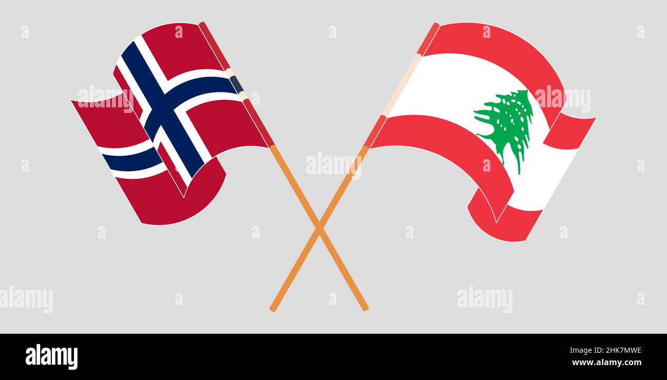 Crossed and waving flags of Lebanon and Norway. Vector illustration Stock Vector