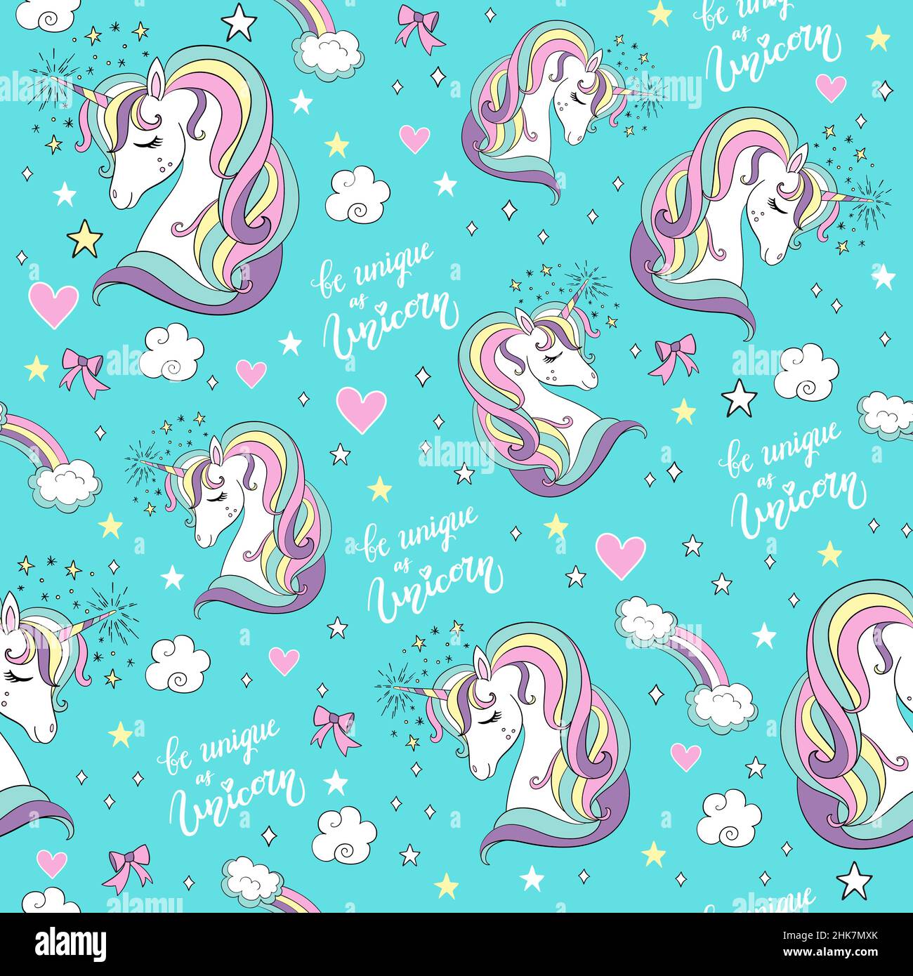 Cute dreaming unicorns head with lettering and rainbows seamless ...