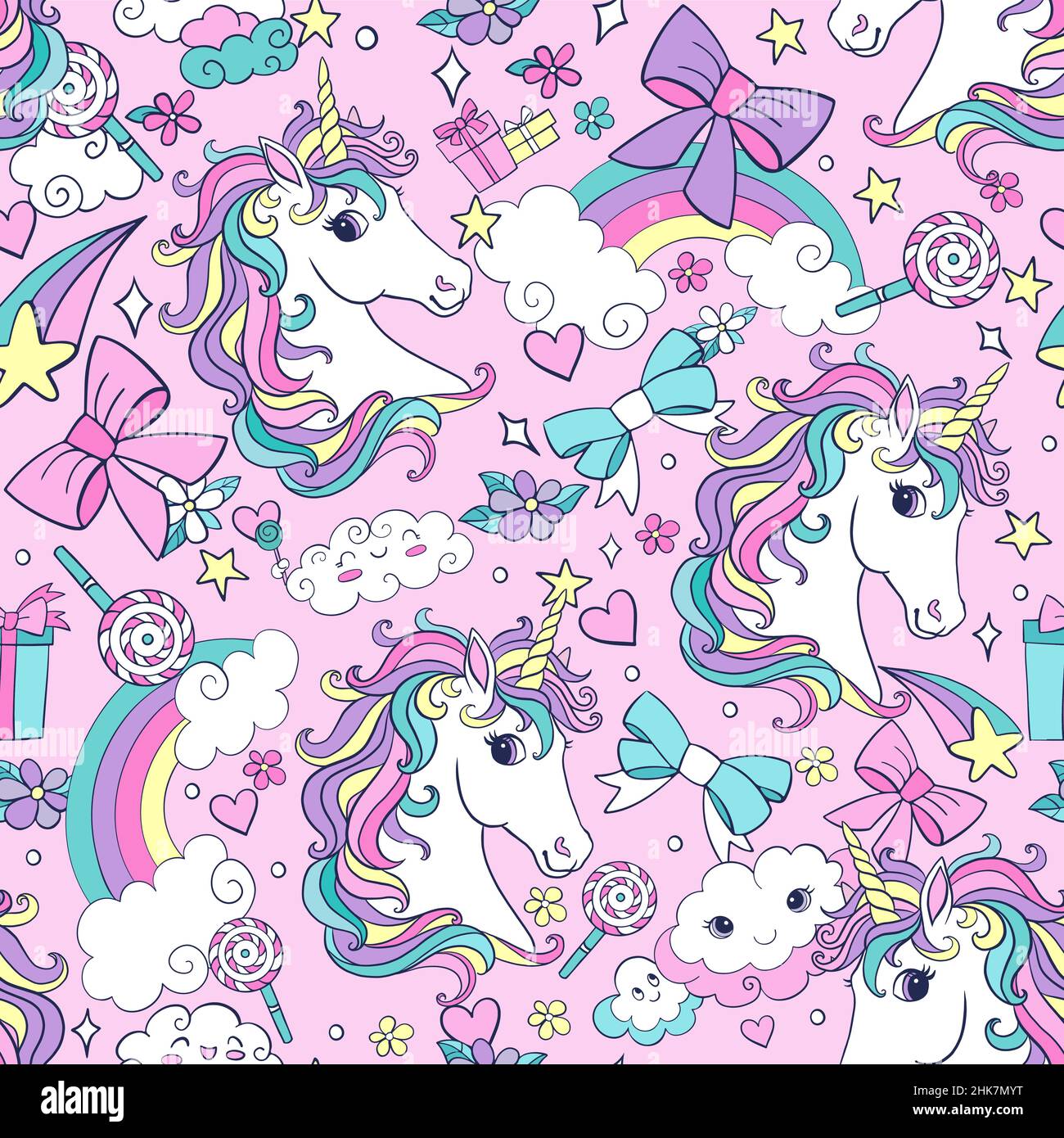 Cute dreaming unicorns head with magic elements and rainbows seamless ...