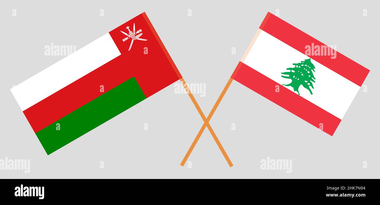 Crossed flags of Lebanon and Oman. Official colors. Correct proportion. Vector illustration Stock Vector