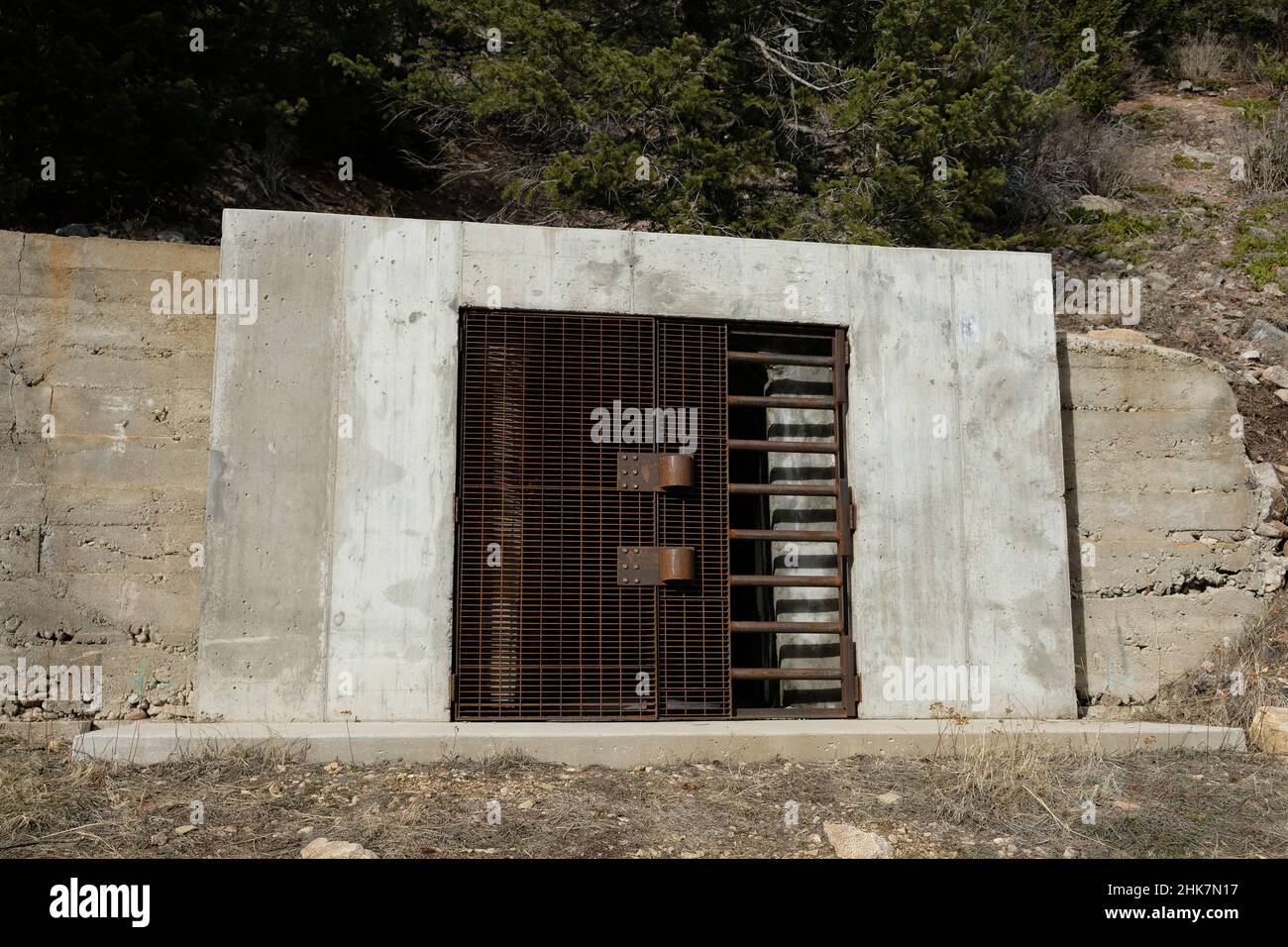 Large metal gate door, passage into a mountain side. There are two large locked handles. Fine grid screen and large bars. White concrete frame. Stock Photo