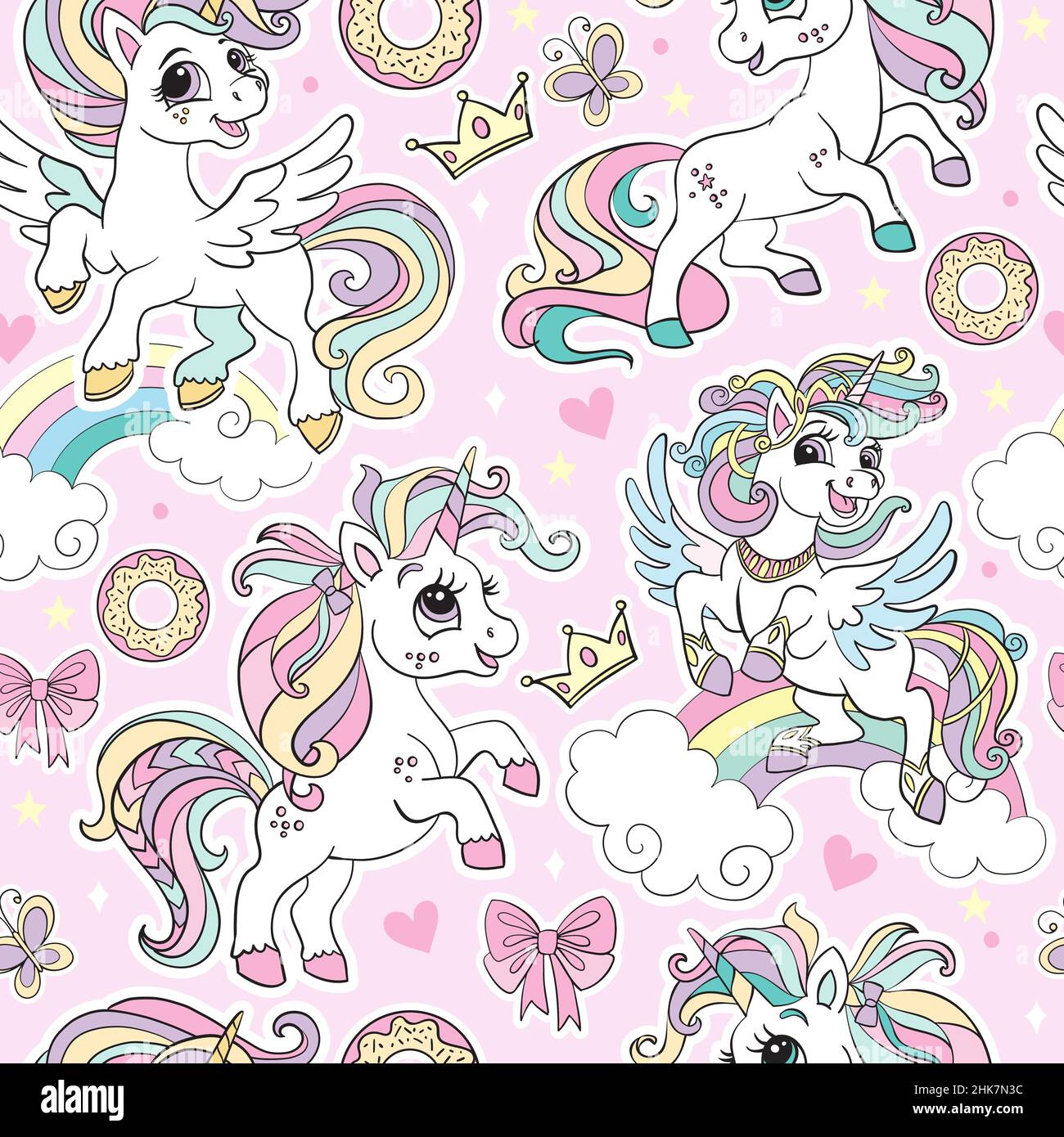 Cute dreaming unicorns with sweets and magic elements seamless pattern ...