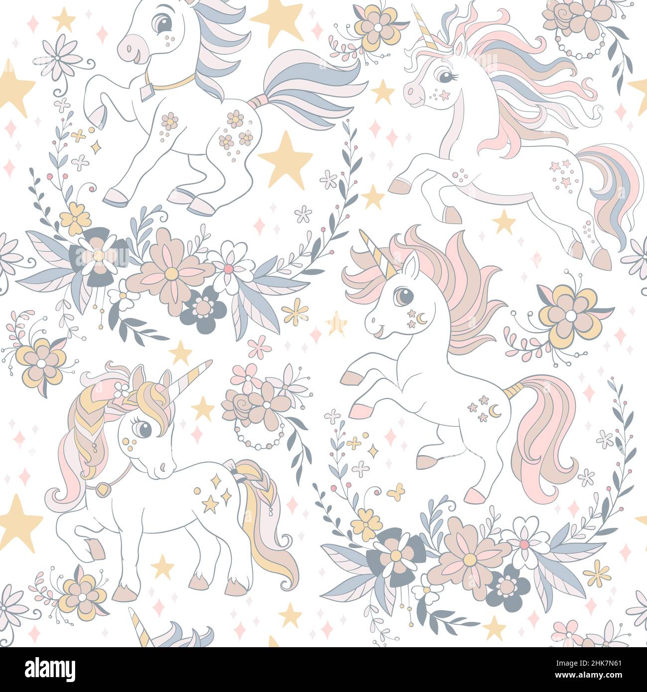 Cute dreaming unicorns with flowers and magic elements seamless pattern ...