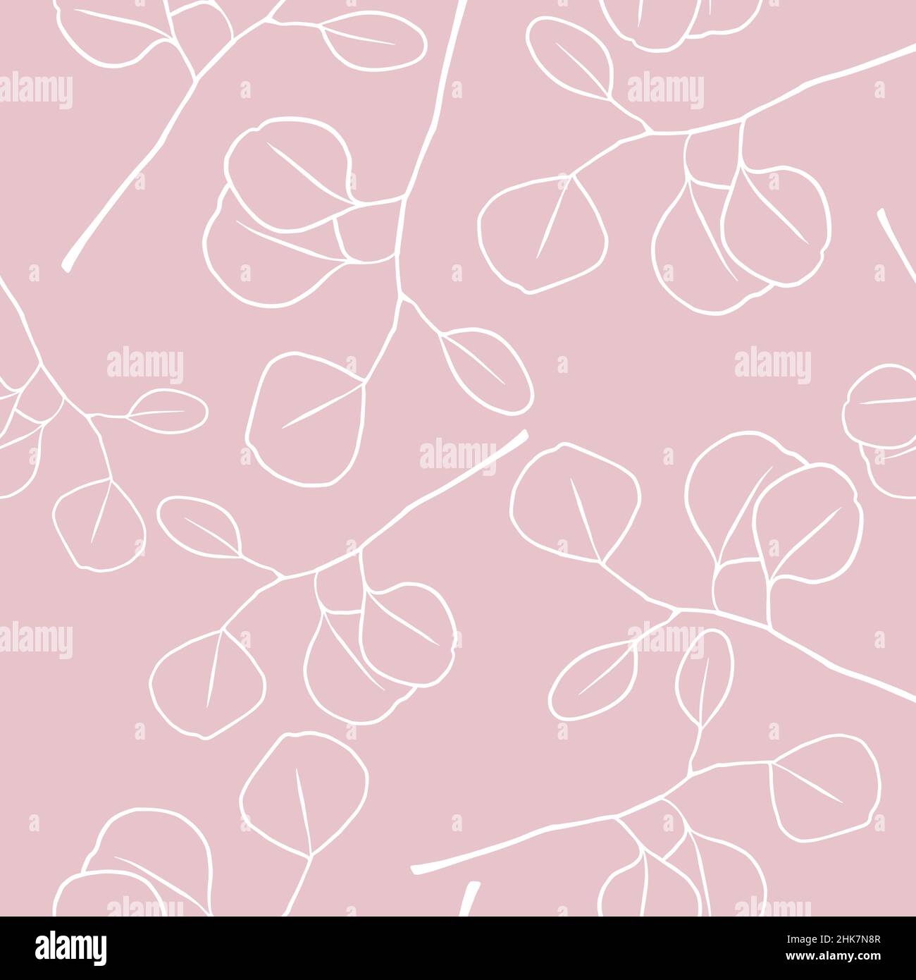 Seamless botanical doodle-style pattern with eucalyptus branches on pink. Suitable for wrapping paper, various textiles, and as a background for print Stock Vector