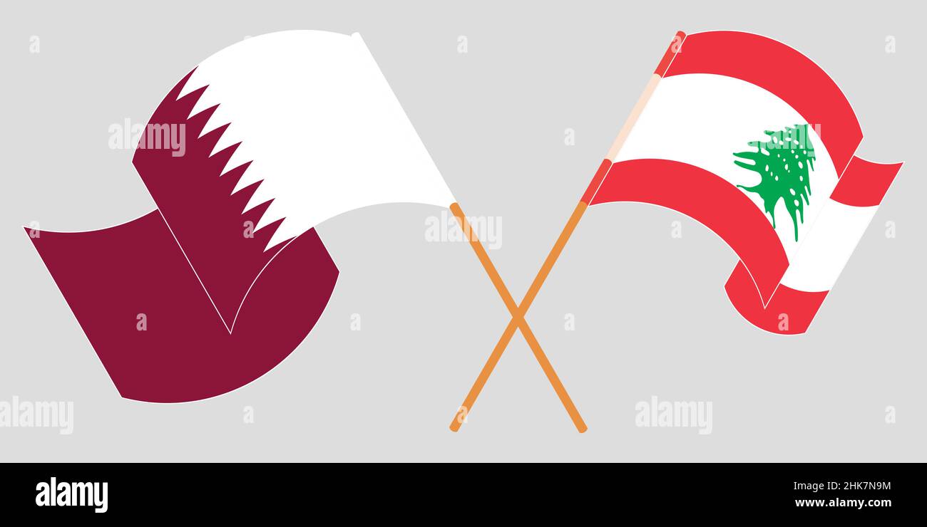 Crossed and waving flags of Lebanon and Qatar. Vector illustration Stock Vector
