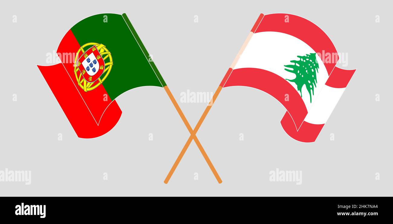 Crossed and waving flags of Lebanon and Portugal. Vector illustration Stock Vector