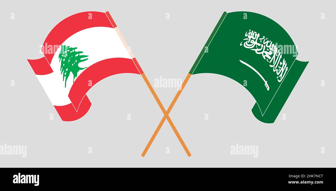Crossed and waving flags of Lebanon and the Kingdom of Saudi Arabia. Vector illustration Stock Vector