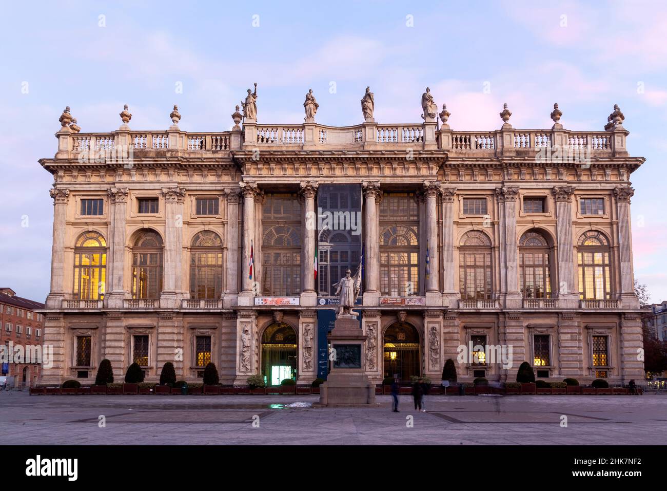 Palazzo Madama, a palace in Turin, northern Italy. It was the first Senate of the Kingdom of Italy, named after two queens of Savoy House. Stock Photo