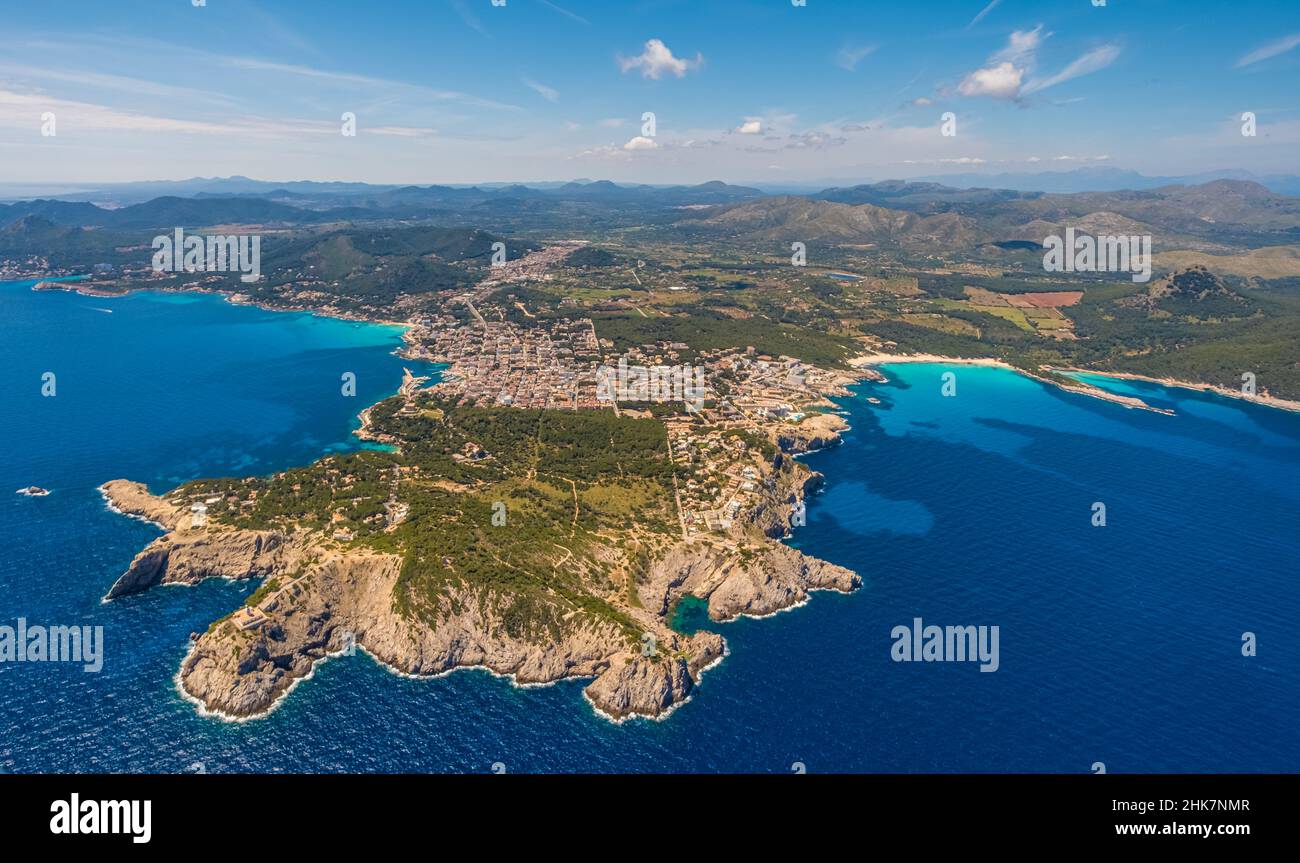 Aerial view, Cala Agulla and Cala Rajada with lighthouse Far, de Capdepera on Punta de Capdepera, Balearic Islands, Mallorca, Capdepera, Balearic Isla Stock Photo