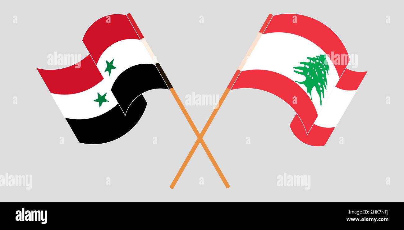 Crossed and waving flags of Lebanon and Syria. Vector illustration Stock Vector